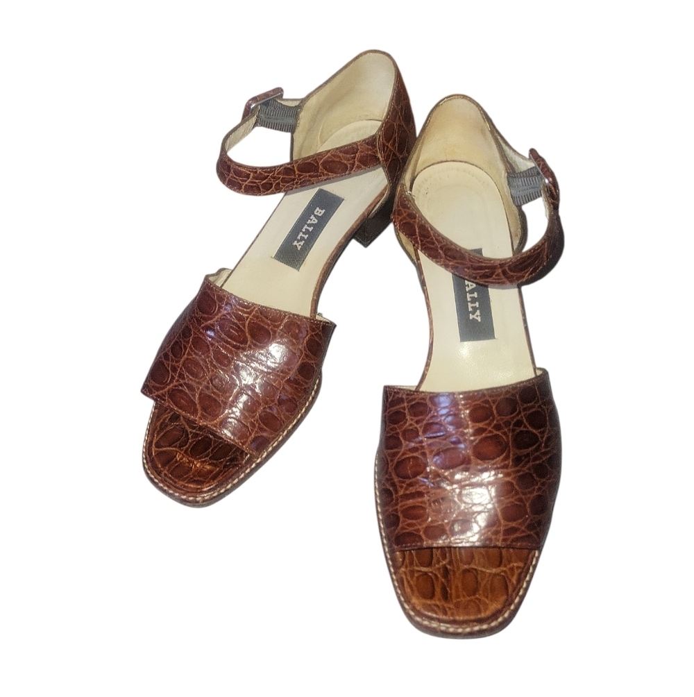 Bally Women's Brown Leather Slingback Open Toe Italy Alligator Embossed Sz 5 - Picture 6 of 9